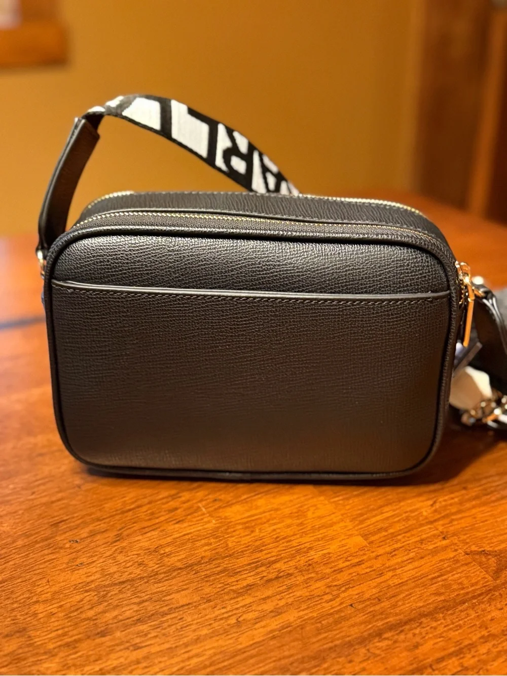 Karl Lagerfeld NWT Black 2-Zip Crossbody Camera Bag Guitar Strap Pom Charm